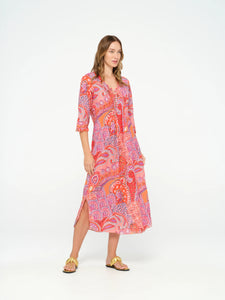 One Season Long Poppy Dress - Brazil print in Coral