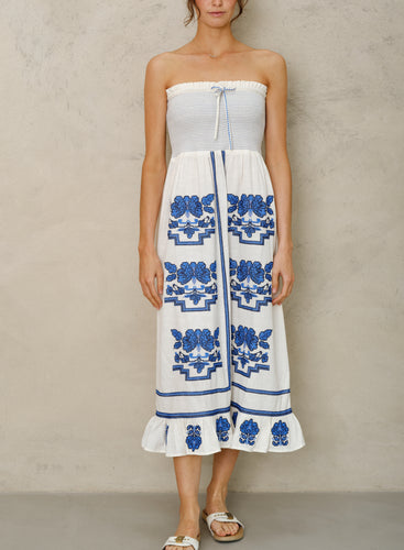 M.A.B.E Carmi Emb dress - Ecru/Blue