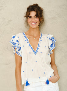 M.A.B.E Mina Emb Top - Ivory/Blue
