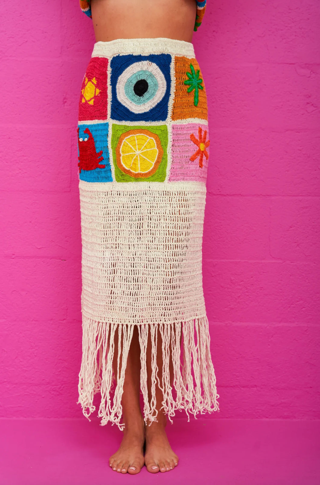 Pitusa Crochet Patchwork Fringed Skirt
