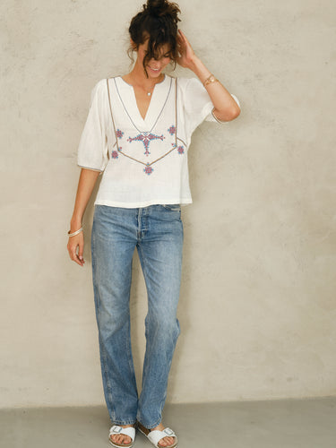 M.A.B.E Vivien Emb Top - Ecru/Multi