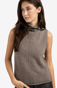 YAYA - High Neck Cable Knit Vest - Brown Melange