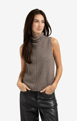 YAYA - High Neck Cable Knit Vest - Brown Melange