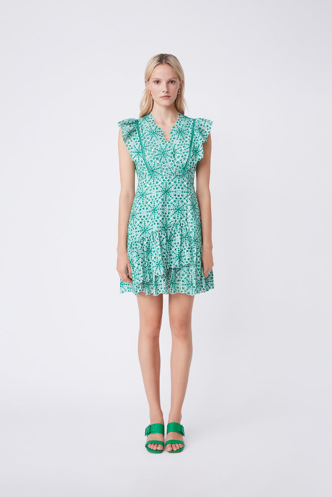 Suncoo Cassi Embroidered Dress with Ruffles Detail - Green
