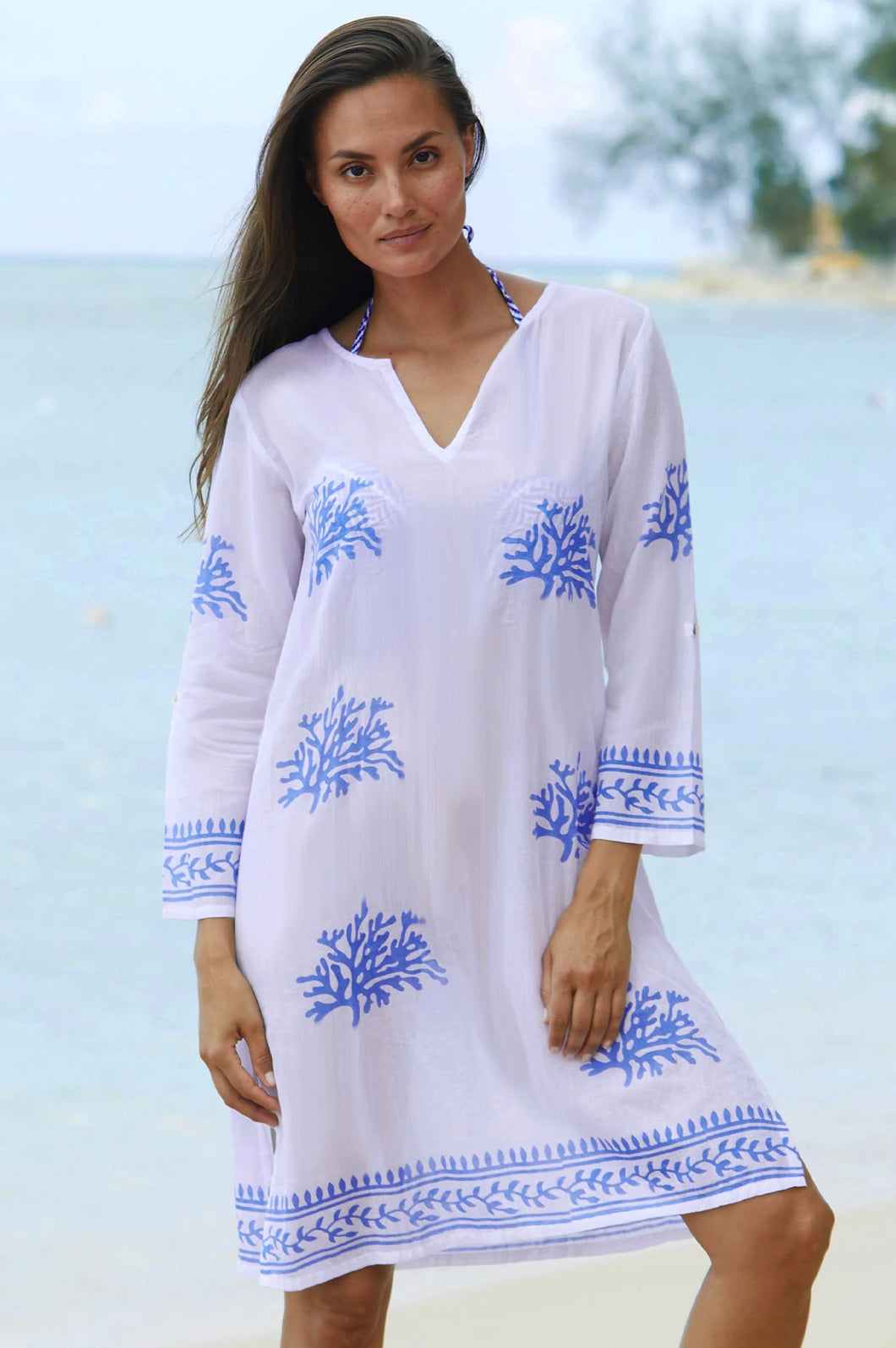 Aspiga Guadalupe Short Tunic/Kaftan - White/Cobalt Blue