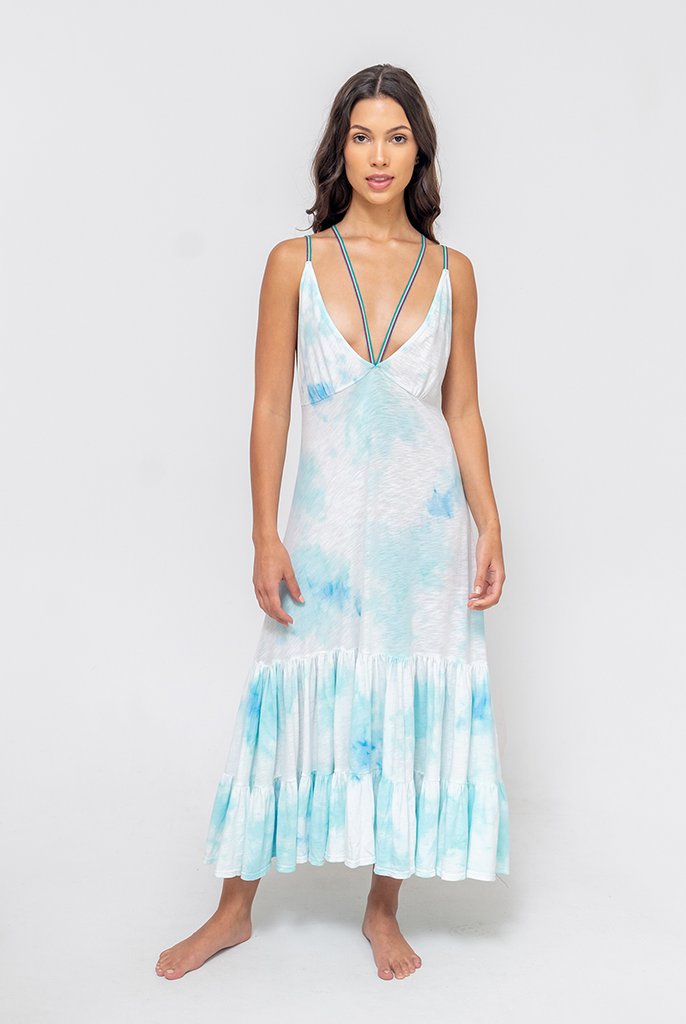Pitusa Tie Dye Strappy Midi Dress Light Blue